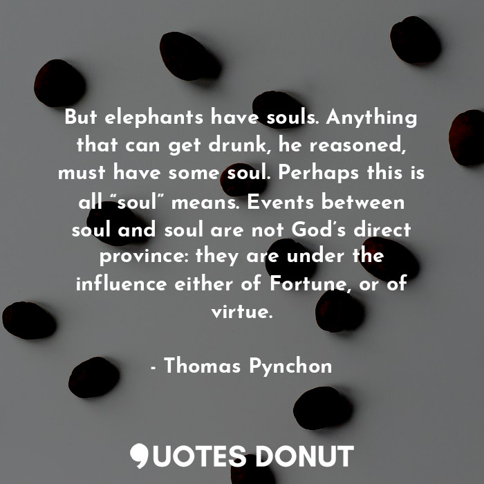 But elephants have souls. Anything that can get drunk, he reasoned, must have some soul. Perhaps this is all “soul” means. Events between soul and soul are not God’s direct province: they are under the influence either of Fortune, or of virtue.