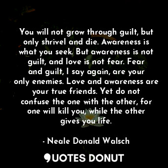 You will not grow through guilt, but only shrivel and die. Awareness is what you seek. But awareness is not guilt, and love is not fear. Fear and guilt, I say again, are your only enemies. Love and awareness are your true friends. Yet do not confuse the one with the other, for one will kill you, while the other gives you life.