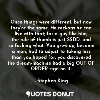 Once things were different, but now they're the same. He reckons he can live with that; for a guy like him, the rule of thumb is just SSDD, and so fucking what. You grew up, became a man, had to adjust to taking less than you hoped for; you discovered the dream-machine had a big OUT OF ORDER sign on it.