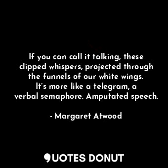 If you can call it talking, these clipped whispers, projected through the funnels of our white wings. It’s more like a telegram, a verbal semaphore. Amputated speech.
