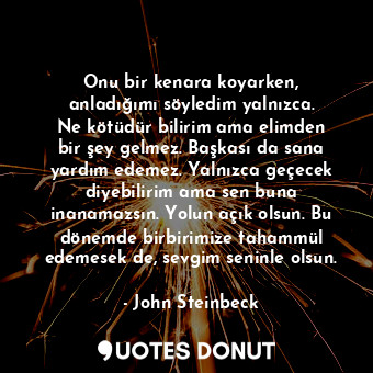 Onu bir kenara koyarken, anladığımı söyledim yalnızca. Ne kötüdür bilirim ama elimden bir şey gelmez. Başkası da sana yardım edemez. Yalnızca geçecek diyebilirim ama sen buna inanamazsın. Yolun açık olsun. Bu dönemde birbirimize tahammül edemesek de, sevgim seninle olsun.