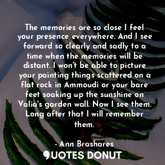 The memories are so close I feel your presence everywhere. And I see forward so clearly and sadly to a time when the memories will be distant. I won't be able to picture your painting things scattered on a flat rock in Ammoudi or your bare feet soaking up the sunshine on Valia's garden wall. Now I see them. Long after that I will remember them.