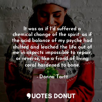  It was as if I’d suffered a chemical change of the spirit: as if the acid balanc... - Donna Tartt - Quotes Donut