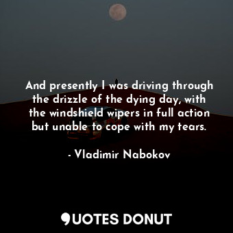 And presently I was driving through the drizzle of the dying day, with the windshield wipers in full action but unable to cope with my tears.