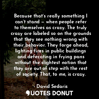 Because that’s really something I can’t stand — when people refer to themselves as crazy. The truly crazy are labeled so on the grounds that they see nothing wrong with their behavior. They forge ahead, lighting fires in public buildings and defecating in frying pans without the slightest notion that they are out of step with the rest of society. That, to me, is crazy.