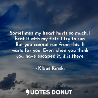 Sometimes my heart hurts so much, I beat it with my fists. I try to run. But you cannot run from this. It waits for you. Even when you think you have escaped it, it is there.