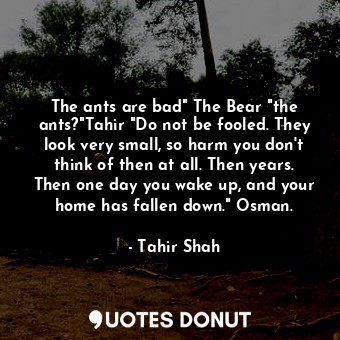 The ants are bad" The Bear "the ants?"Tahir "Do not be fooled. They look very small, so harm you don't think of then at all. Then years. Then one day you wake up, and your home has fallen down." Osman.