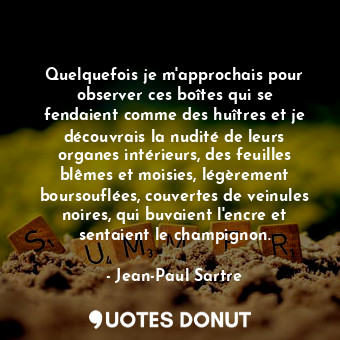 Quelquefois je m'approchais pour observer ces boîtes qui se fendaient comme des huîtres et je découvrais la nudité de leurs organes intérieurs, des feuilles blêmes et moisies, légèrement boursouflées, couvertes de veinules noires, qui buvaient l'encre et sentaient le champignon.