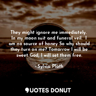 They might ignore me immediately.  In my moon suit and funeral veil.  I am no source of honey So why should they turn on me? Tomorrow I will be sweet God, I will set them free.