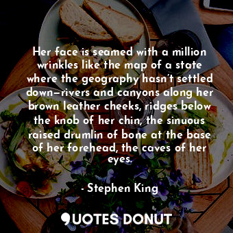 Her face is seamed with a million wrinkles like the map of a state where the geography hasn’t settled down—rivers and canyons along her brown leather cheeks, ridges below the knob of her chin, the sinuous raised drumlin of bone at the base of her forehead, the caves of her eyes.