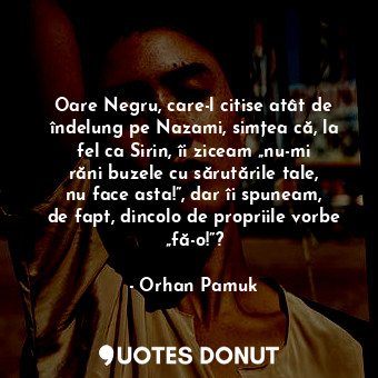 Oare Negru, care-l citise atât de îndelung pe Nazami, simțea că, la fel ca Sirin, îi ziceam „nu-mi răni buzele cu sărutările tale, nu face asta!”, dar îi spuneam, de fapt, dincolo de propriile vorbe „fă-o!”?