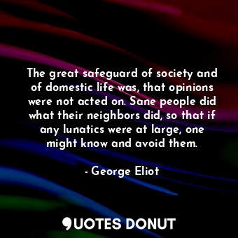 The great safeguard of society and of domestic life was, that opinions were not acted on. Sane people did what their neighbors did, so that if any lunatics were at large, one might know and avoid them.