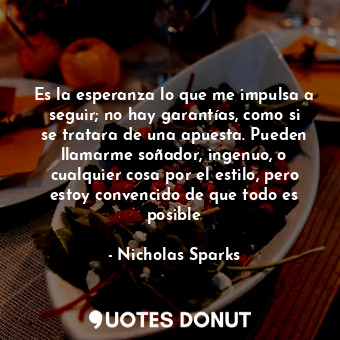  Es la esperanza lo que me impulsa a seguir; no hay garantías, como si se tratara... - Nicholas Sparks - Quotes Donut