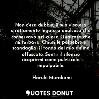 Non c'era dubbio, il suo viso era strettamente legato a qualcosa che conservavo nel cuore. Qualcosa che mi turbava. Chiusi le palpebre e scandagliai il fondo del mio animo offuscato. Sentii il silenzio ricoprirmi come pulviscolo impalpabile.