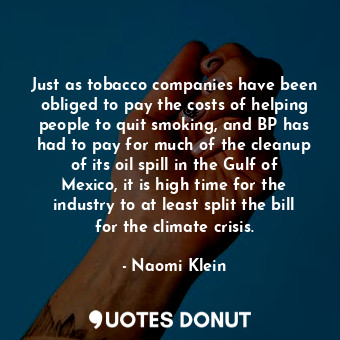 Just as tobacco companies have been obliged to pay the costs of helping people to quit smoking, and BP has had to pay for much of the cleanup of its oil spill in the Gulf of Mexico, it is high time for the industry to at least split the bill for the climate crisis.