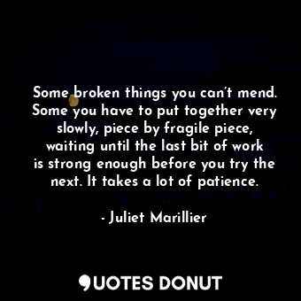 Some broken things you can’t mend. Some you have to put together very slowly, piece by fragile piece, waiting until the last bit of work is strong enough before you try the next. It takes a lot of patience.