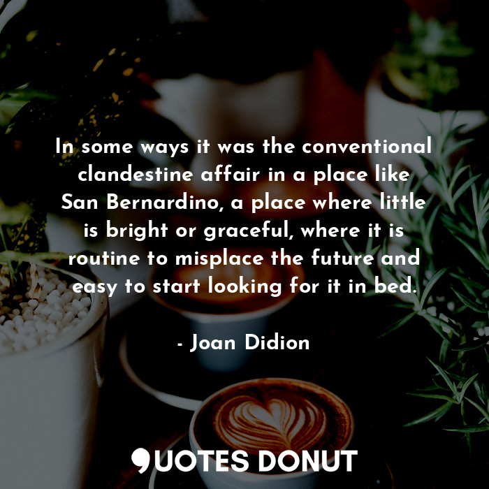  In some ways it was the conventional clandestine affair in a place like San Bern... - Joan Didion - Quotes Donut