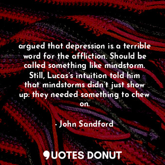 argued that depression is a terrible word for the affliction. Should be called something like mindstorm. Still, Lucas’s intuition told him that mindstorms didn’t just show up: they needed something to chew on.