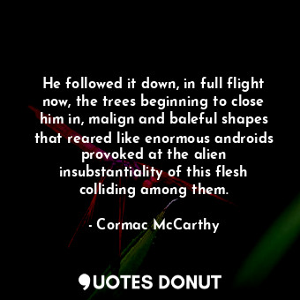 He followed it down, in full flight now, the trees beginning to close him in, malign and baleful shapes that reared like enormous androids provoked at the alien insubstantiality of this flesh colliding among them.