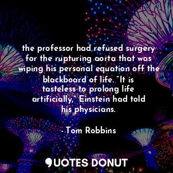 the professor had refused surgery for the rupturing aorta that was wiping his personal equation off the blackboard of life. “It is tasteless to prolong life artificially,” Einstein had told his physicians.