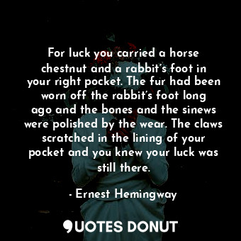 For luck you carried a horse chestnut and a rabbit’s foot in your right pocket. The fur had been worn off the rabbit’s foot long ago and the bones and the sinews were polished by the wear. The claws scratched in the lining of your pocket and you knew your luck was still there.