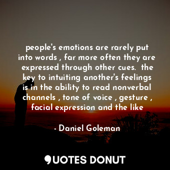 people's emotions are rarely put into words , far more often they are expressed through other cues.  the key to intuiting another's feelings is in the ability to read nonverbal channels , tone of voice , gesture , facial expression and the like