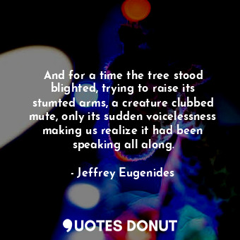 And for a time the tree stood blighted, trying to raise its stumted arms, a creature clubbed mute, only its sudden voicelessness making us realize it had been speaking all along.