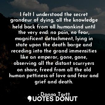 I felt I understood the secret grandeur of dying, all the knowledge held back from all humankind until the very end: no pain, no fear, magnificent detachment, lying in state upon the death barge and receding into the grand immensities like an emperor, gone, gone, observing all the distant scurryers on shore, freed from all the old human pettiness of love and fear and grief and death.
