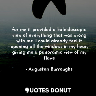 for me it provided a kaleidoscopic view of everything that was wrong with me. I could already feel it opening all the windows in my hear, giving me a panoramic view of my flaws