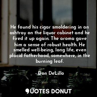He found his cigar smoldering in an ashtray on the liquor cabinet and he fired it up again. The aroma gave him a sense of robust health. He smelled well-being, long life, even placid fatherhood, somewhere, in the burning leaf.