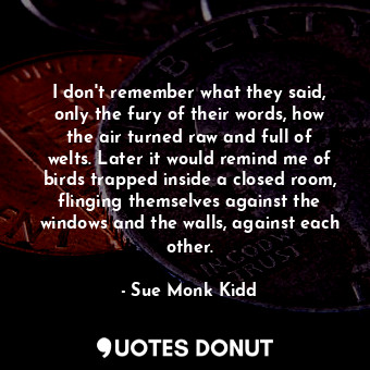  I don't remember what they said, only the fury of their words, how the air turne... - Sue Monk Kidd - Quotes Donut