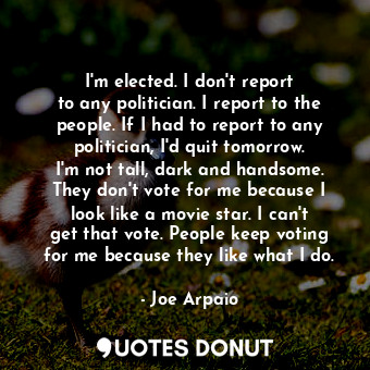 I&#39;m elected. I don&#39;t report to any politician. I report to the people. If I had to report to any politician, I&#39;d quit tomorrow. I&#39;m not tall, dark and handsome. They don&#39;t vote for me because I look like a movie star. I can&#39;t get that vote. People keep voting for me because they like what I do.