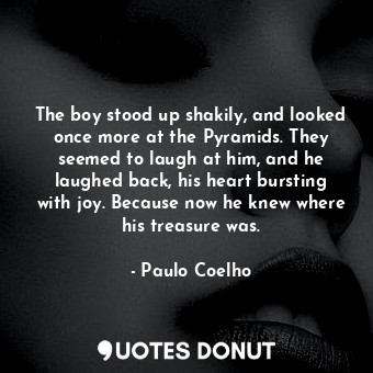 The boy stood up shakily, and looked once more at the Pyramids. They seemed to laugh at him, and he laughed back, his heart bursting with joy. Because now he knew where his treasure was.