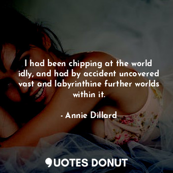  I had been chipping at the world idly, and had by accident uncovered vast and la... - Annie Dillard - Quotes Donut