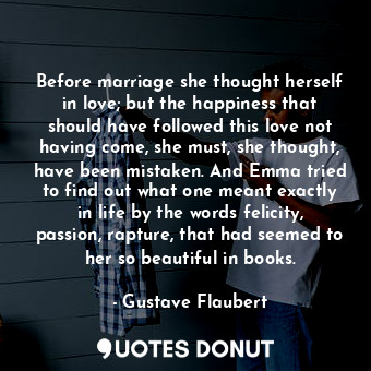 Before marriage she thought herself in love; but the happiness that should have followed this love not having come, she must, she thought, have been mistaken. And Emma tried to find out what one meant exactly in life by the words felicity, passion, rapture, that had seemed to her so beautiful in books.
