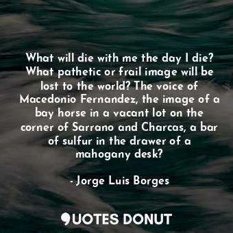 What will die with me the day I die? What pathetic or frail image will be lost to the world? The voice of Macedonio Fernandez, the image of a bay horse in a vacant lot on the corner of Sarrano and Charcas, a bar of sulfur in the drawer of a mahogany desk?