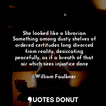 She looked like a librarian. Something among dusty shelves of ordered certitudes long divorced from reality, desiccating peacefully, as if a breath of that air which sees injustice done