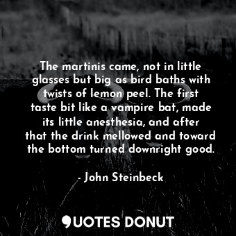 The martinis came, not in little glasses but big as bird baths with twists of lemon peel. The first taste bit like a vampire bat, made its little anesthesia, and after that the drink mellowed and toward the bottom turned downright good.