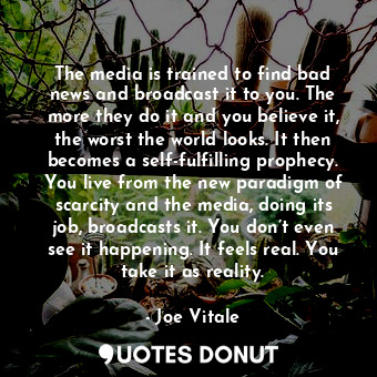 The media is trained to find bad news and broadcast it to you. The more they do it and you believe it, the worst the world looks. It then becomes a self-fulfilling prophecy. You live from the new paradigm of scarcity and the media, doing its job, broadcasts it. You don’t even see it happening. It feels real. You take it as reality.