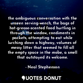 the ambiguous conversation with the unseen serving-wench, the bags of hot-grease-scented food hurtling in through the window, condiments in packets, attempting to eat while lurching down a highway, volumes of messy litter that seemed to fill all the empty space in the mobe, a smell that outstayed its welcome.