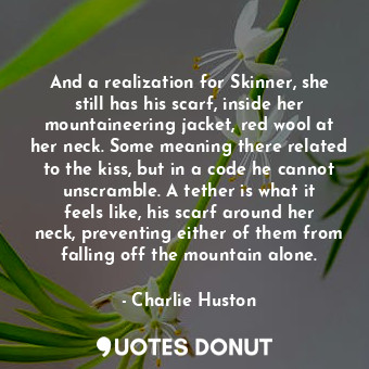 And a realization for Skinner, she still has his scarf, inside her mountaineering jacket, red wool at her neck. Some meaning there related to the kiss, but in a code he cannot unscramble. A tether is what it feels like, his scarf around her neck, preventing either of them from falling off the mountain alone.