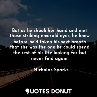 But as he shook her hand and met those striking emerald eyes, he knew before he'd taken his sext breath that she was the one he could spend the rest of his life looking for but never find again.