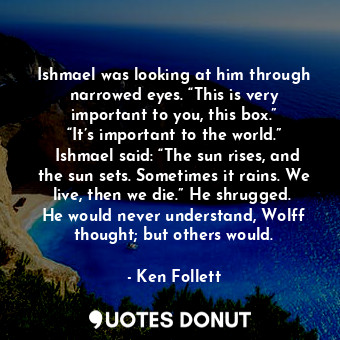 Ishmael was looking at him through narrowed eyes. “This is very important to you, this box.” “It’s important to the world.”  Ishmael said: “The sun rises, and the sun sets. Sometimes it rains. We live, then we die.” He shrugged.  He would never understand, Wolff thought; but others would.