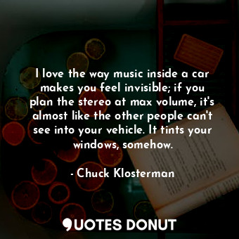 I love the way music inside a car makes you feel invisible; if you plan the stereo at max volume, it's almost like the other people can't see into your vehicle. It tints your windows, somehow.