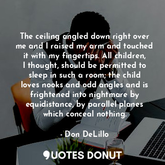 The ceiling angled down right over me and I raised my arm and touched it with my fingertips. All children, I thought, should be permitted to sleep in such a room; the child loves nooks and odd angles and is frightened into nightmare by equidistance, by parallel planes which conceal nothing.