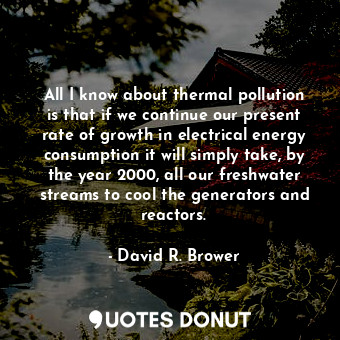All I know about thermal pollution is that if we continue our present rate of growth in electrical energy consumption it will simply take, by the year 2000, all our freshwater streams to cool the generators and reactors.