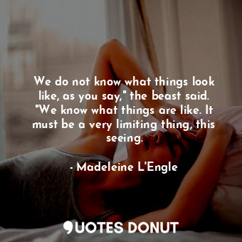 We do not know what things look like, as you say," the beast said. "We know what things are like. It must be a very limiting thing, this seeing.