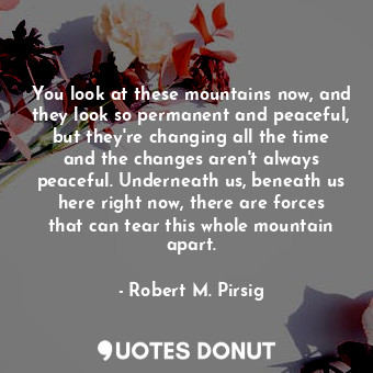 You look at these mountains now, and they look so permanent and peaceful, but they're changing all the time and the changes aren't always peaceful. Underneath us, beneath us here right now, there are forces that can tear this whole mountain apart.