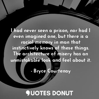 I had never seen a prison, nor had I even imagined one, but there is a racial memory in man that instinctively knows of these things. The architecture of misery has an unmistakable look and feel about it.