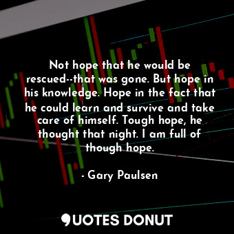 Not hope that he would be rescued--that was gone. But hope in his knowledge. Hope in the fact that he could learn and survive and take care of himself. Tough hope, he thought that night. I am full of though hope.